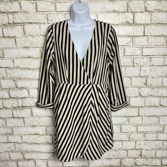 Amuse Society Dress Caught You Looking Striped Faux Wrap Mini Black Cream L - Picture 2 of 8